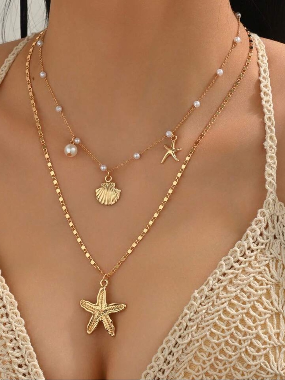 Gold Layered Shell & Starfish Necklace Set